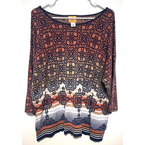 Ruby Rd Sweater Tunic Womens 2X Navy Orange Tribal Mosaic Lightweight 3/4 Sleeve